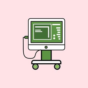 Illustration of a green and white medical monitor with a data screen and wheels on a pink background, used in hospitals for digital and real-time monitoring of patient conditions. vector