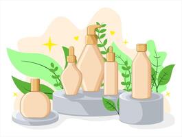 Natural Skincare Product Display with Botanical Elements. Illustration of Eco-Friendly Beauty Packaging vector