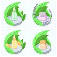 Minimal Skincare Composition Featuring Cosmetic Bottles on Pedestal with Botanical and Fruity Touches vector