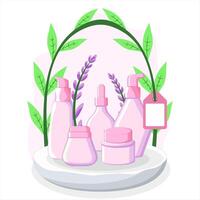 Natural Skincare Products Displayed on Pedestal with Botanical Elements and Soft Color Accents vector