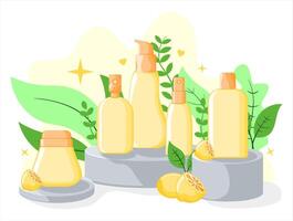 Herbal Cosmetic Product Mockup. Illustration of Natural Skincare Display with Leaves and Pedestal vector
