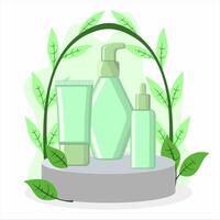 Botanical Cosmetic Product Illustration. Green Skincare Bottles on Pedestal with Leaf Decoration vector
