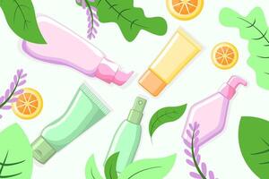Organic Beauty Product Mockup Featuring Skincare Bottles with Lemon Lavender and Leaf Accents vector