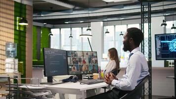 Tech startup office team collaborating via videocall, doing brainstorming on backup solutions to protect against data loss. Remote developers doing AI coding during online teleconference, camera A video