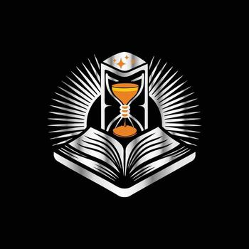 an hourglass with an open book and a book on a black background vector
