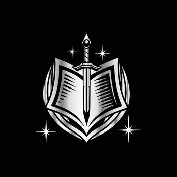 an open book with a sword and stars on it vector