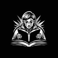 a boy reading a book on a black background vector