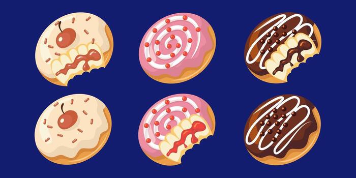 Illustration of donuts with different toppings such as strawberries, red berries and chocolate vector