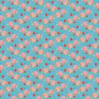 Playful seamless pattern of cream-filled donuts topped with strawberries om blue colorful background vector