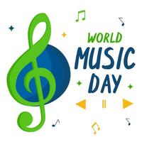 Flat Design World Music Day Illustration with Colorful Notes, Green Treble Clef, and Play Buttons for Event Poster, Celebration Banner, or Social Media Promotion vector