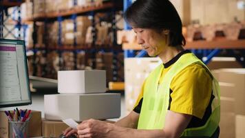 Man in hi vis vest reviews shipment details on awb tags for dispatch in industrial warehouse, parcels from the storage racks with tracking numbers for seamless express delivery. Camera B. video