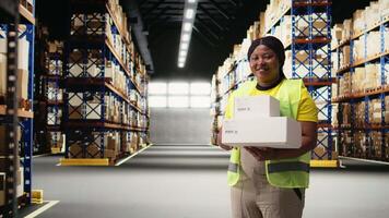 Black woman managing the order fulfillment process by checking packages in a large business depot filled with racks. Employee oversees operations for retail e-commerce express delivery. Camera A. video