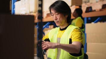 Tired overworked person in hi vis vest scanning shipping labels, being sleepy and bored with his tasks in the warehouse. Managing order fulfillment with a scanner and tracking software. Camera B. video