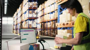 Asian employee scanning shipping labels and barcodes on packages, manages labeling registration with a scanner and handling inventory tracking. E-commerce fulfillment center. Camera A. video