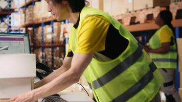 Staff member scanning barcode tracking info on tags before dispatch, working in warehouse for large scale order fulfillment. Distribution of goods in industrial storehouse facility. Camera B. video