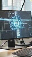 Vertical Empty startup office with artificial intelligence program running on PC monitors used by programmers. AI industry startup workspace leveraging machine learning technology video