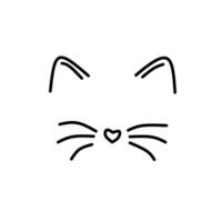 Cute minimalist cat face line art with heart-shaped nose, whiskers, and pointy ears. Perfect for pet logos, kids designs, stickers, tattoos, or playful branding. vector