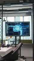 Vertical PC in startup office used to design and implement algorithms enabling machine learning. Technology unicorn venture workspace with computer used to conduct code reviews to fix bugs video