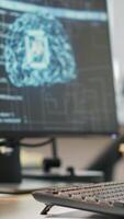 Vertical Empty startup office with artificial intelligence neural networks program running on PC displays used by programmers. AI company workspace computers leveraging deep learning technology video