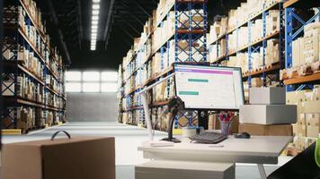 Empty large business supply room overseeing products import export from industrial racks and shelves, online shopping in the storage room. Depot facility with distribution activity. video