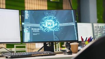pc dentro esvaziar isto comece escritório exibindo artificial inteligência programação línguas usava para construção formulários. computador mostrando máquina Aprendendo código dentro Programas desenvolvimento agência video