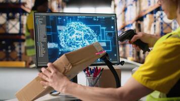 Asian male worker using artificial intelligence brain to scan barcodes, registering shipping labels for route details with AI support automation tools. Virtual help in warehouse. Camera B. video