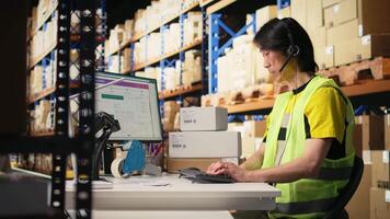 E-commerce support clerk responding to problems like lost parcels or order tracking, surrounded by cargo boxes on racks in a distribution hub. Call center operations on headset. Camera A. video