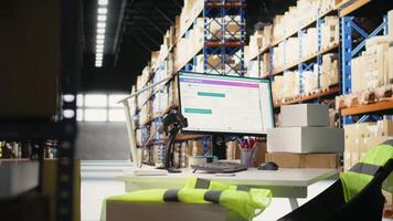 Empty professional warehouse space used for shipping cargo goods from online shopping local small brand, ensuring express delivery from the storage room depot. Supply room. video