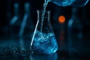 closeup of blue liquid being poured into Erlenmeyer flask with bubbles and reflections under cool lighting in a futuristic science lab setting photo