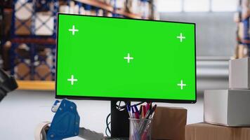 Empty industrial warehouse depot shows screen with copy space mockup, fulfillment center shipping cargo packages for online shopping e-commerce business. Local brand stock room. video