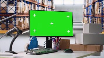Empty storage room depot shows screen with copy space mockup, fulfillment center shipping cargo packages for online shopping e-commerce business. Large business stock room. video