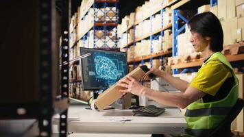 Asian male worker using artificial intelligence brain to scan barcodes, registering shipping labels for route details with AI support automation tools. Virtual help in warehouse. Camera A. video