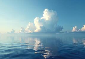 Calm blue ocean reflecting cumulus clouds under clear sky photo