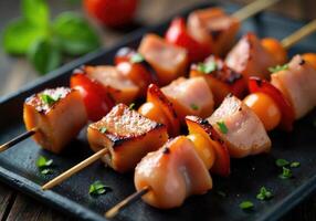 Grilled ham and vegetable skewers garnished with fresh herbs resting on a black plate photo