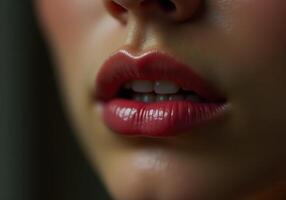 Woman showing her white teeth and red lips with lip gloss photo