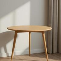 Product Presentation on Wooden Round Table in Minimalist Living Space photo