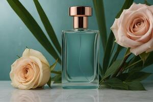A luxurious perfume bottle with blank label for logo mockup photo