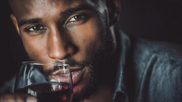 Close-up portrait of a man with beard, savoring a glass of red wine. photo
