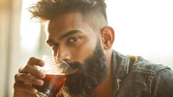 Close-up of a stylish bearded man drinking from a glass in warm light. photo