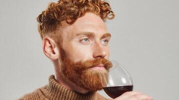 Portrait of a man with red beard and curly hair, drinking red wine. photo