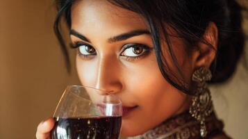 Close-up portrait of an attractive woman sipping red wine from a glass. photo