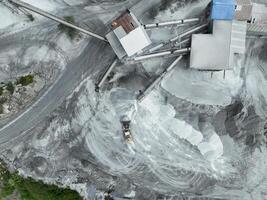 Aerial view of industrial stone crusher facility with active machinery processing raw materials in open quarry, surrounded by forest edge, highlighting environmental impact of resource extraction. photo