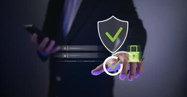 Businessman using virtual interface with security shield, lock, and check icons, ensuring data protection, privacy, and secure login. Concept of cyber security and trusted AI. photo