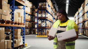 Portrait of african american worker checking packed boxes and labels before cargo shipment, ensuring order fulfillment for retail online shopping large business. Logistics center activity. Camera A. video