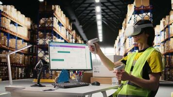 Worker in hi vis vest uses a VR headset connected to AI for hands free inventory control, parcel shipment tracking and order fulfillment. Virtual reality improves fast delivery. Camera A. video