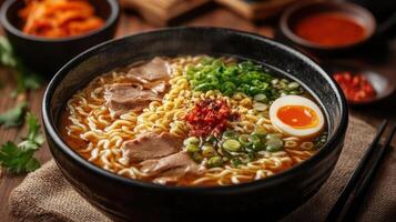 Bowl of ramen with meat and egg photo