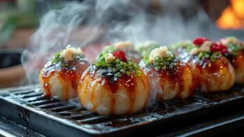 Takoyaki balls on a grill photo