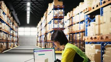Asian employee using scanner to register shipping labels on cardboard boxes, professional tracking software to ensure express delivery. Online shopping large business tasks. Camera A. video