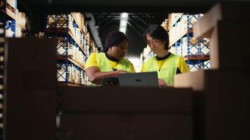 Large scale warehouse team manages e-commerce order processing, checking packages placed on big industrial racks in the depot. Staff in hi vis vests look at boxes pallets. Camera A. video