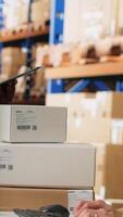 Vertical Team of workers fulfilling warehouse supply and demand operations for package tracking and order processing, checking shipment details on pc monitor. E-commerce depot. Camera B. video